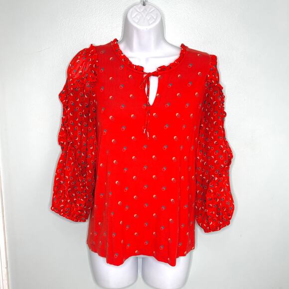 Anthro Maeve Jacquin Red Printed Peasant Blouse - XS - Picture 1 of 9